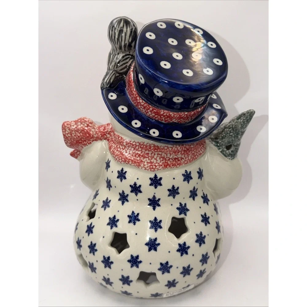 Polish Pottery Snowman Tea Light UNIKAT Winter Snowflake 11.5